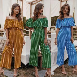 Off-shoulder Dotted Ruffle Jumpsuit