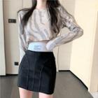Long-sleeve Zebra Print Cropped T-shirt / Fitted Mini Skirt