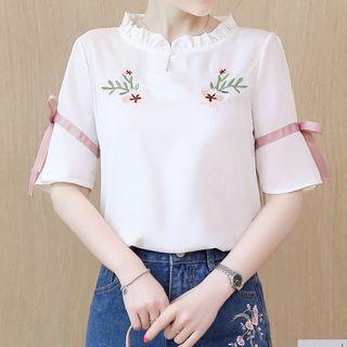 Flower Embroidered Short-sleeve Chiffon Top