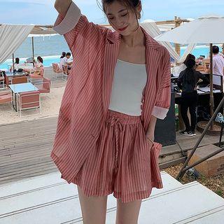 Set: Striped Single-button Elbow-sleeve Blazer + Drawstring Wide-leg Shorts