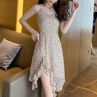 Irregular Hem Flower Print Spaghetti Strap A-line Dress