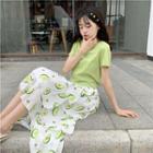 Short-sleeve T-shirt / Midi Avocado Print A-line Skirt