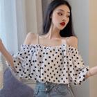 Dotted Off Shoulder Elbow-sleeve Top Black Dot - White - One Size