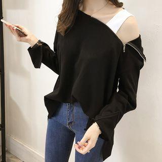 Long-sleeve Zip-shoulder Hooded T-shirt