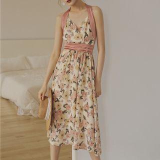 Halter Floral Print Midi A-line Dress