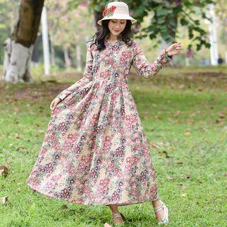 Ethnic Print Cotton Linen Long-sleeve Dress