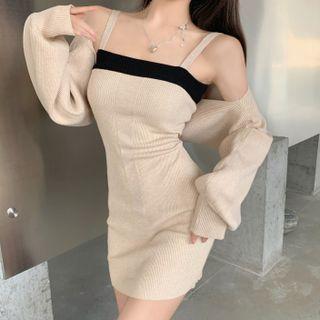 Set: Cropped Cardigan + Sleeveless Contrast Trim Knit Dress