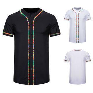 Short-sleeve Collarless Print Trim Shirt