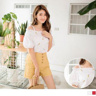 Floral Embroidered Cutout Shoulder Puff-sleeve Top
