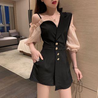 3/4-sleeve Paneled Wide-leg Playsuit