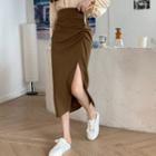 V-neck Long-sleeve Top / High-waist Ruched Slit Skirt