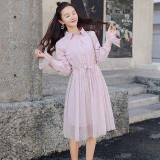 Mesh-overlay A-line Shirt Dress