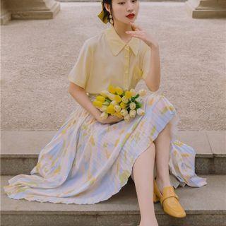 Set: Short-sleeve Shirt + Flower Print Midi A-line Skirt