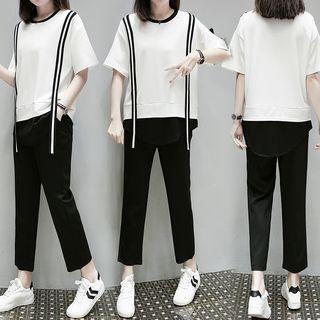 Set: Short-sleeve Mock Two-piece T-shirt + Cropped Pants