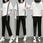 Set: Short-sleeve Mock Two-piece T-shirt + Cropped Pants
