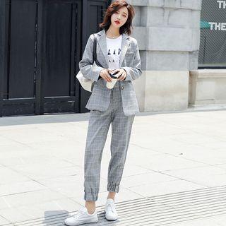 Set: Plaid Blazer + Cropped Drawstring Pants