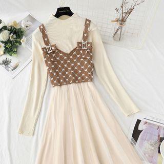 Set: Long-sleeve Mesh Panel Midi A-line Dress + Sleeveless Patterned Knit Top