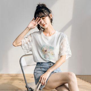 Short-sleeve Floral Print Lace T-shirt