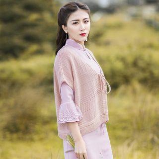 Short-sleeve Tie-front Patterned Cardigan