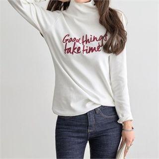 Mock-neck Lettering-embroidered Top