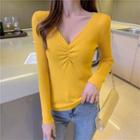 Shirred-front Long-sleeve Knit Top