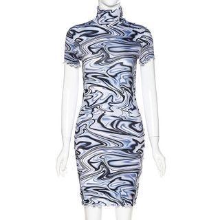 Short-sleeve Turtleneck Printed Bodycon Dress