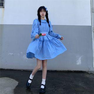 Long-sleeve Collared A-line Dress Blue - One Size
