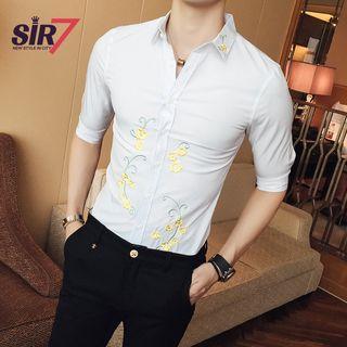 Floral Embroidered Elbow-sleeve Shirt