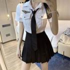 Puff-sleeve Tie-neck Shirt / Pleated Mini A-line Skirt / Set