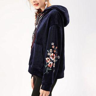 Flower Embroidered Velvet Hoodie