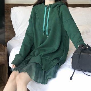 Drawstring Mesh Panel Hooded Dress Green - One Size