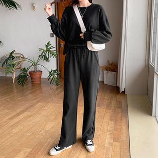 Set: Fray-hem Sweatshirt + Drawstring-waist Pants
