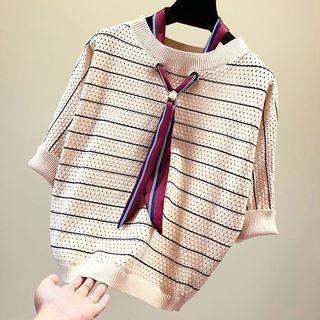 Striped Elbow-sleeve Knit Top With Neckerchief