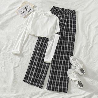 Long-sleeve Mock-neck Cutout T-shirt / Plaid Wide-leg Pants