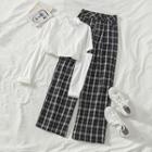 Long-sleeve Mock-neck Cutout T-shirt / Plaid Wide-leg Pants