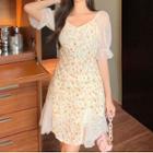 Short-sleeve Floral Print Mesh Trim Mini A-line Dress