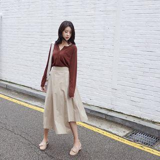 Slit-neckline Long-sleeve Pocket-front T-shirt