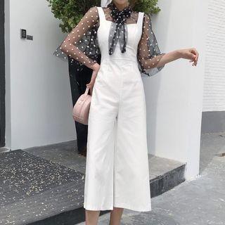3/4-sleeve Dotted Mesh Top / Crop Jumper Pants