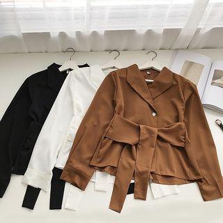 Plain Long-sleeve Tie-waist Blouse