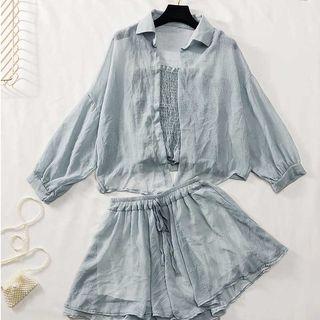 Set: Smocked Top + Open-front Shirt + Shorts