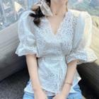 Elbow-sleeve Lace Wrap Blouse White - One Size