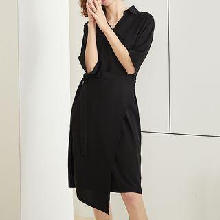 V-neck Elbow-sleeve Collared Dress