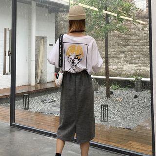 Long-sleeve Print T-shirt / Elastic-waist Slit-back Midi Skirt