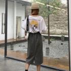 Long-sleeve Print T-shirt / Elastic-waist Slit-back Midi Skirt