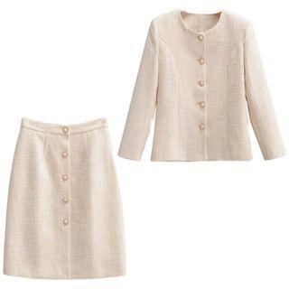 Long-sleeve Faux Pearl Blouse / Fitted Skirt / Set