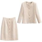 Long-sleeve Faux Pearl Blouse / Fitted Skirt / Set
