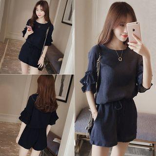 Set: Elbow-sleeve Ruffle-trim Top + Drawstring Shorts
