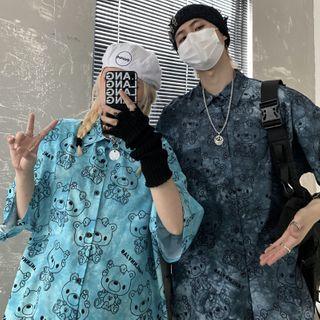 Bear Pattern Print Tie-dyed Short-sleeve Shirt