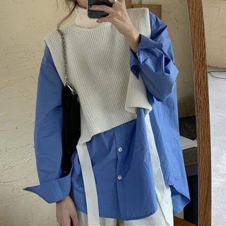 Set: Plain Shirt + Turtleneck Knit Vest