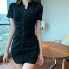 Short-sleeve Plain Single-breasted Slim-fit Mini Dress